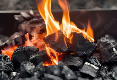 Burning charcoal used for cooking, producing intense heat essential for grilling and food preparation. 