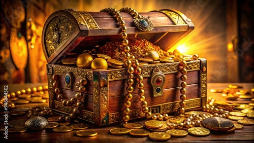 A luxurious, ornate, antique treasure chest overflowing with gold coins, precious jewels, and intricately designed artifacts, evoking a sense of ancient wealth and mystery. photo