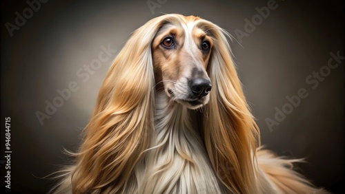 A majestic Afghan Hound with a silky, flowing coat and gentle eyes poses regally against a muted background, exuding elegance and refinement.