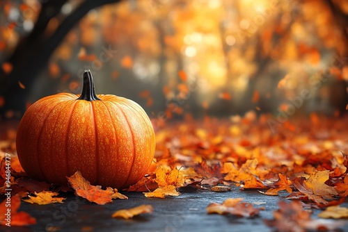 A beautiful Happy Thanksgiving card design template with pumpkins and Fall foliage in the background