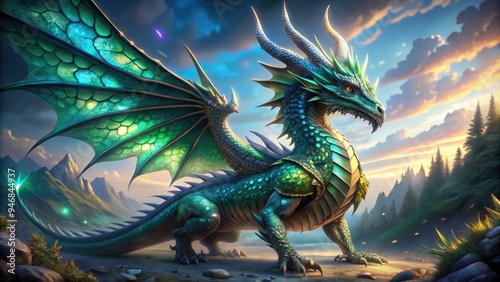 A majestic dragon with iridescent, intricately scaled armor glistens in shimmering hues of emerald and sapphire, its wings spread wide in a powerful, mythical pose.