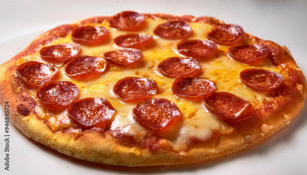 A pepperoni pizza with a golden-brown crust, melted cheese, and evenly spaced pepperoni slices, displayed on a white plate from a top-down angle. A pepperoni pizza with a golden-brown crust, melted cheese, and evenly spaced pepperoni slices, displayed on a white plate from a top-down angle.