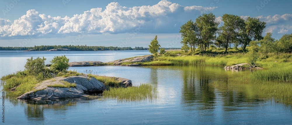 Fototapeta premium Calm Lake with Lush Vegetation and Cloud Formations