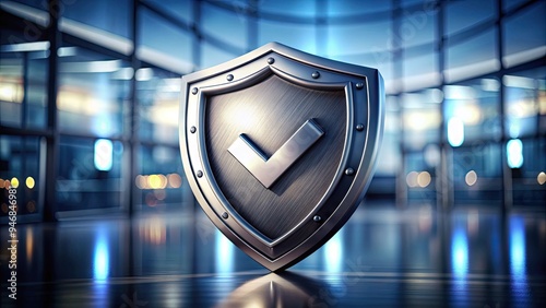 A metallic shield with a checkmark emblem at its center, set against a blurred background, conveying a sense of protection and assured quality.