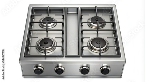 A minimalist illustration of a modern gas stove icon in a sleek metallic finish, with four burners and a central knob, on a white background. photo