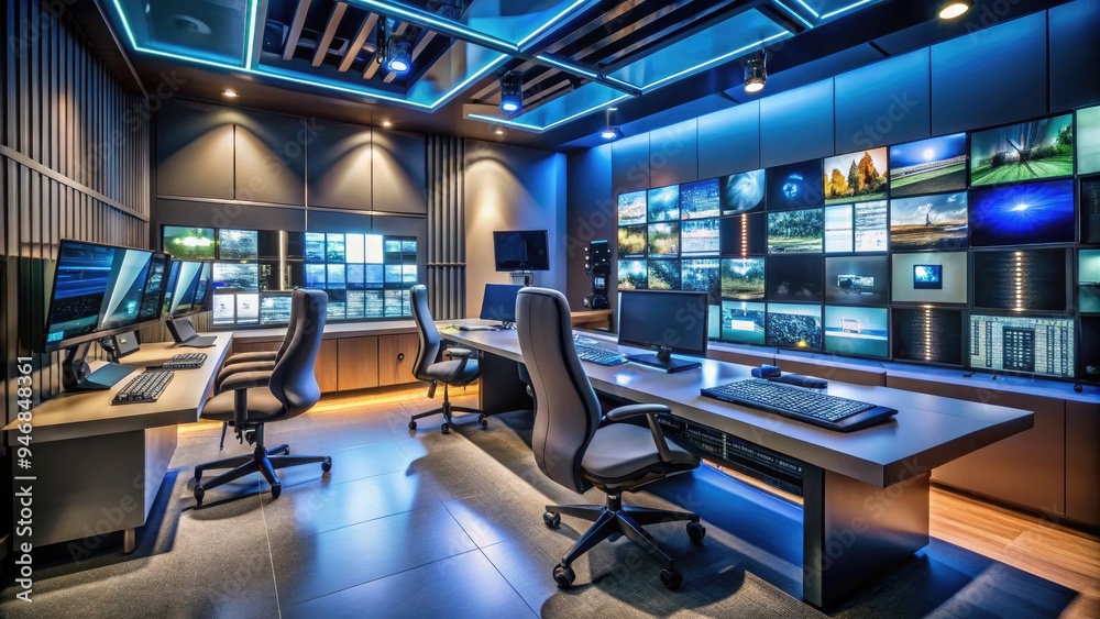 A modern editing suite with multiple monitors, cameras, and lighting equipment, surrounded by scripts, storyboards, and props, ready for video production and post-production. A modern editing suite with multiple monitors, cameras, and lighting equipment, surrounded by scripts, storyboards, and props, ready for video production and post-production.
