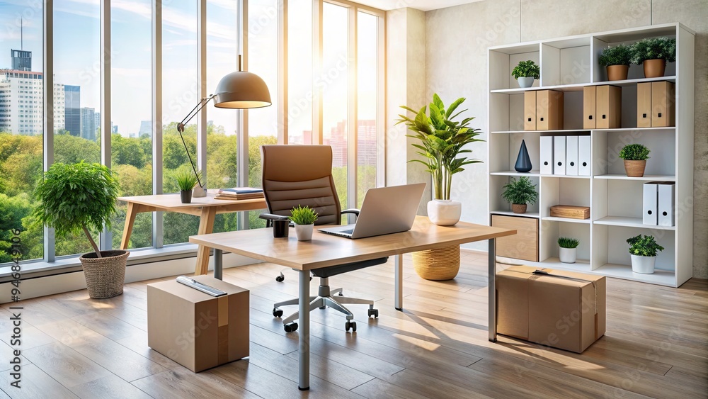 A modern office interior with a desk, chair, and laptop, surrounded by papers and files, conveying a sense of new employment and career opportunities. A modern office interior with a desk, chair, and laptop, surrounded by papers and files, conveying a sense of new employment and career opportunities.