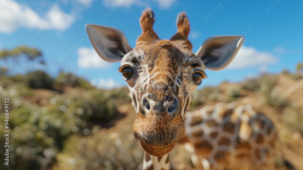 Naklejka premium Giraffe closeup with natural landscape generative ai