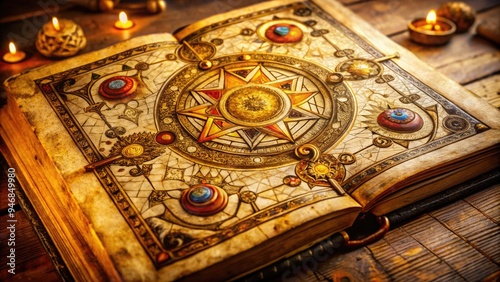 Ancient alchemical symbols and gold filigree adorn a mysterious, ornate manuscript page, hinting at secrets of transmutation and the pursuit of eternal wealth and knowledge.