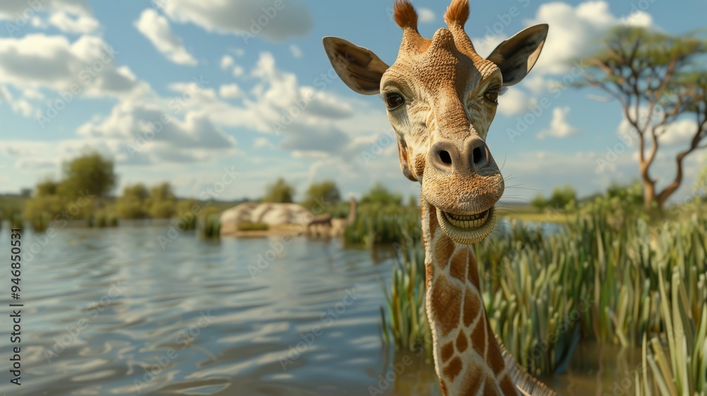 Naklejka premium Giraffe closeup with natural landscape generative ai