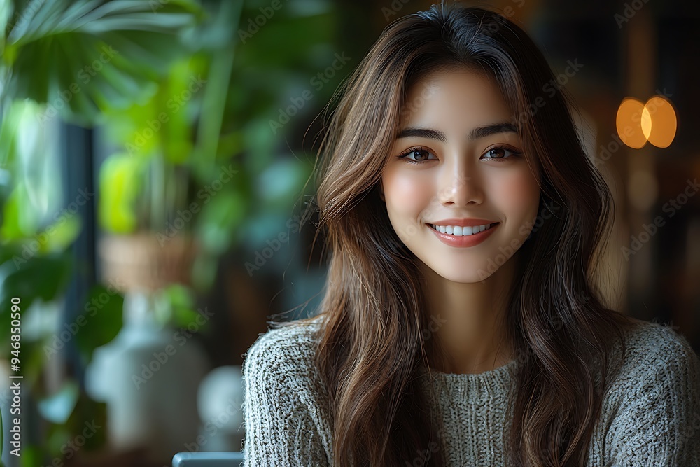 Fototapeta premium Happy young woman working remotely on virtual video team meeting call, remote work and flexible culture concept, smiling Asian female digital nomad freelancing on laptop from home, copy space