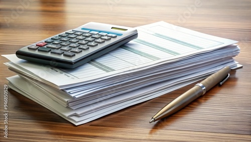 A neatly organized desk with a calculator, pen, and stack of invoices, featuring a crisp, unfolded check with a satisfyingly large refund amount. photo