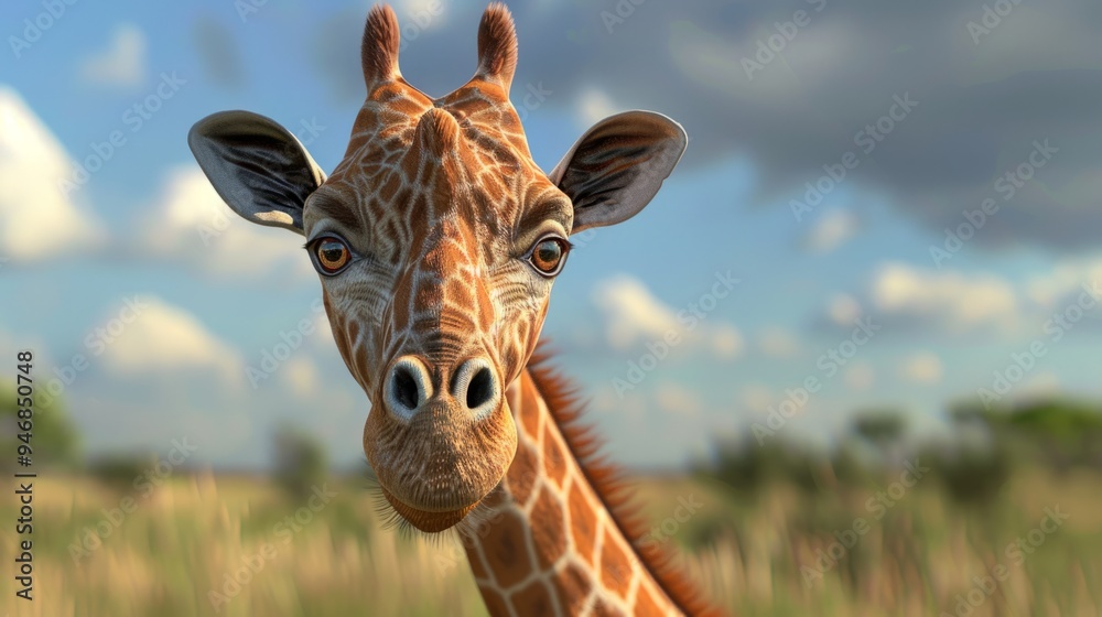 Fototapeta premium Giraffe closeup with natural landscape generative ai