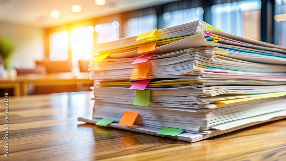 Fototapeta premium A neatly organized stack of documents and papers with colorful tabs and sticky notes on a clean, wooden desk against a blurred background.
