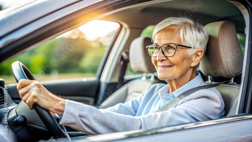 An elderly adult with grey hair and reading glasses sits comfortably behind the wheel of a sleek silver sedan, hands grasping the steering wheel. photo