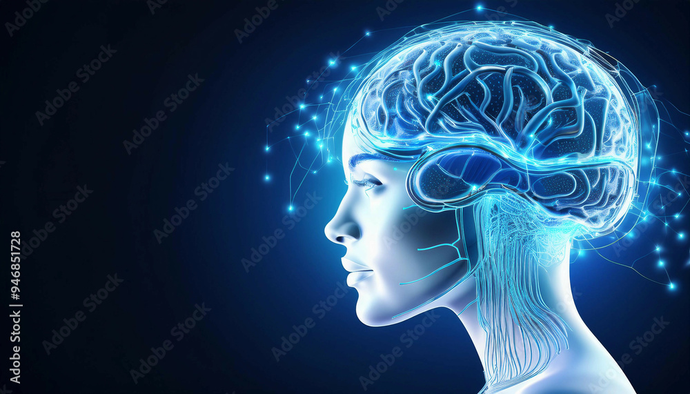 A digital profile of a human head illuminated with blue neural circuits, showing detailed connections and brain activity, dark background, futuristic technology. Copy space on the left 