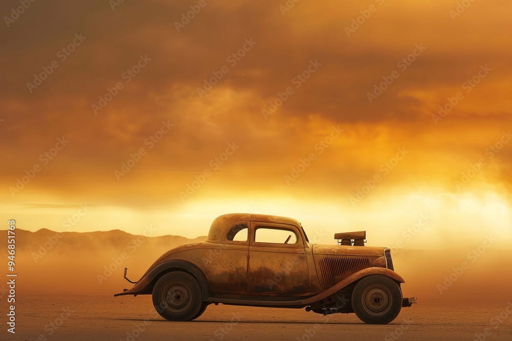 Fototapeta premium vintage post apocalyptic style muscle car in the sandy storm desert. Generative ai
