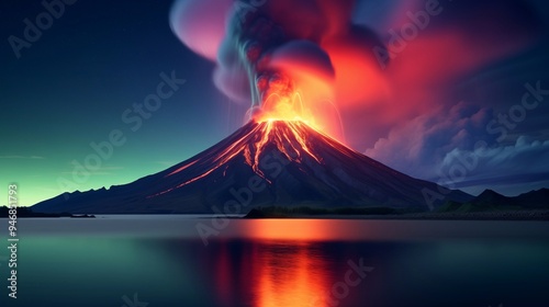 Majectic volcano erruption with long exposure effect and reflections. Generative ai photo