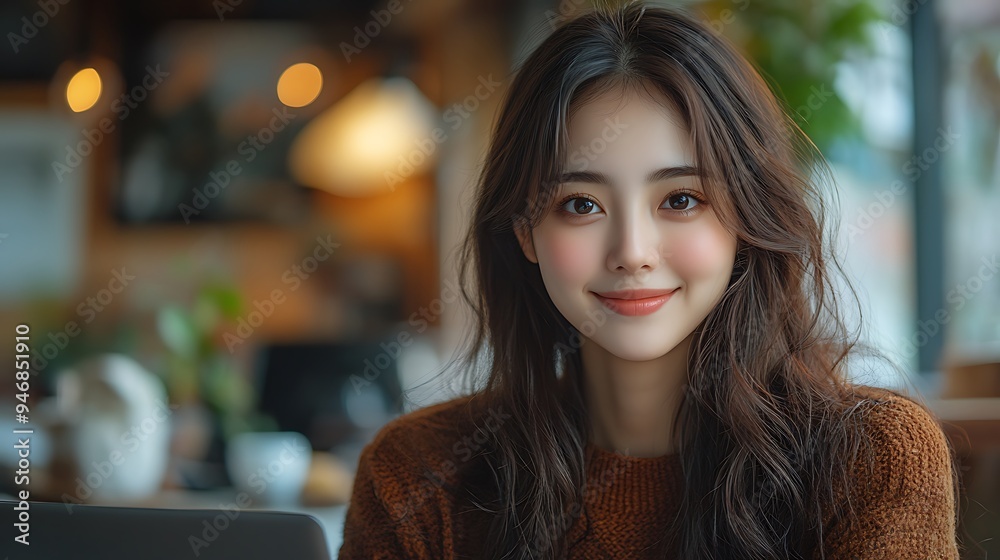 Obraz premium Happy young woman working remotely on virtual video team meeting call, remote work and flexible culture concept, smiling Asian female digital nomad freelancing on laptop from home, copy space