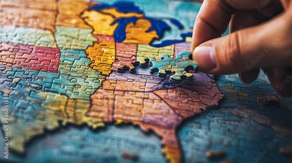 Hand placing puzzle piece on USA map Hand placing puzzle piece on USA map