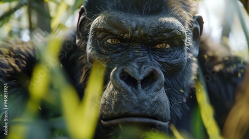 Gorilla closeup with natural landscape generative ai photo