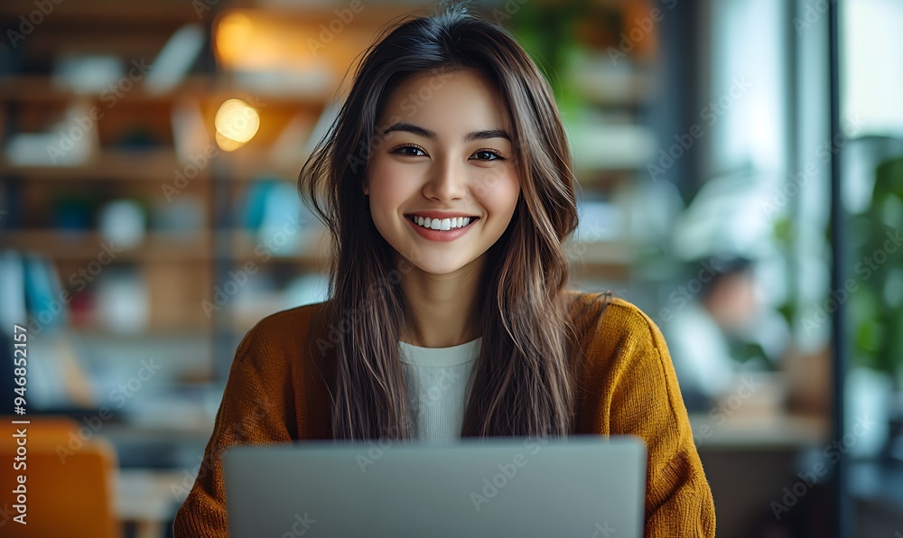 Happy young woman working remotely on virtual video team meeting call, remote work and flexible culture concept, smiling Asian female digital nomad freelancing on laptop from home, copy space Happy young woman working remotely on virtual video team meeting call, remote work and flexible culture concept, smiling Asian female digital nomad freelancing on laptop from home, copy space