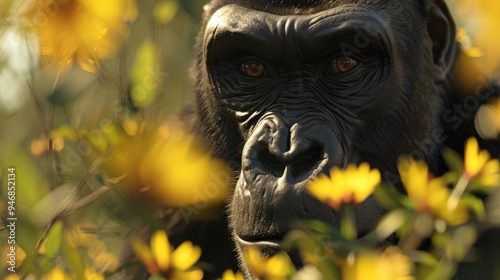 Gorilla closeup with natural landscape generative ai photo