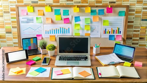 A organized workspace with laptops, tablets, and papers, surrounded by colorful sticky notes and charts, representing efficient project management and coordination.