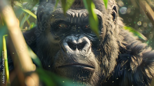 Gorilla closeup with natural landscape generative ai photo