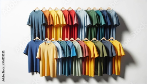 lineup of colorful t-shirts, minimalist design, vivid colors, neatly arranged, various shades of blue, yellow, red, and green, soft fabric texture, white background, high-detail photography, product s photo