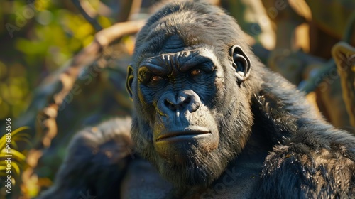 Gorilla closeup with natural landscape generative ai photo