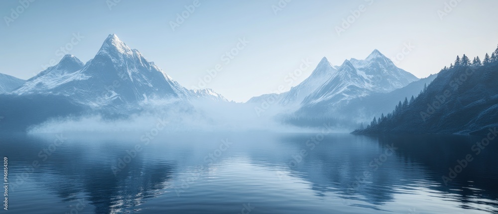 Misty Mountain Range Reflected in Still Lake Water Misty Mountain Range Reflected in Still Lake Water