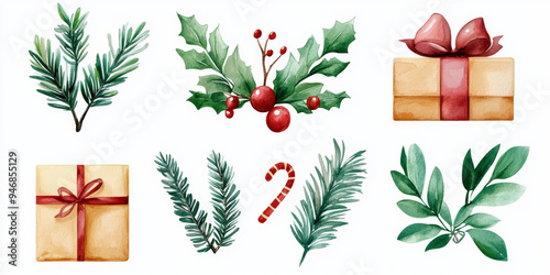 Set of Christmas watercolor elements on white background