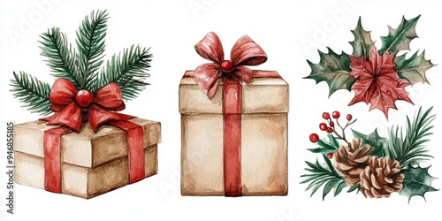 Set of Christmas watercolor elements on white background © Diffin