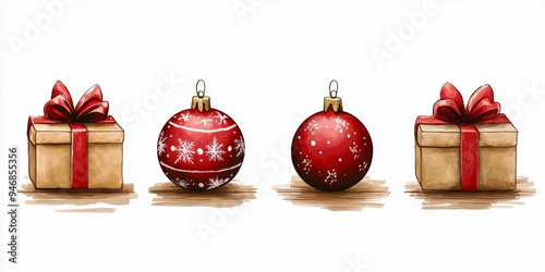 Set of Christmas watercolor elements on white background