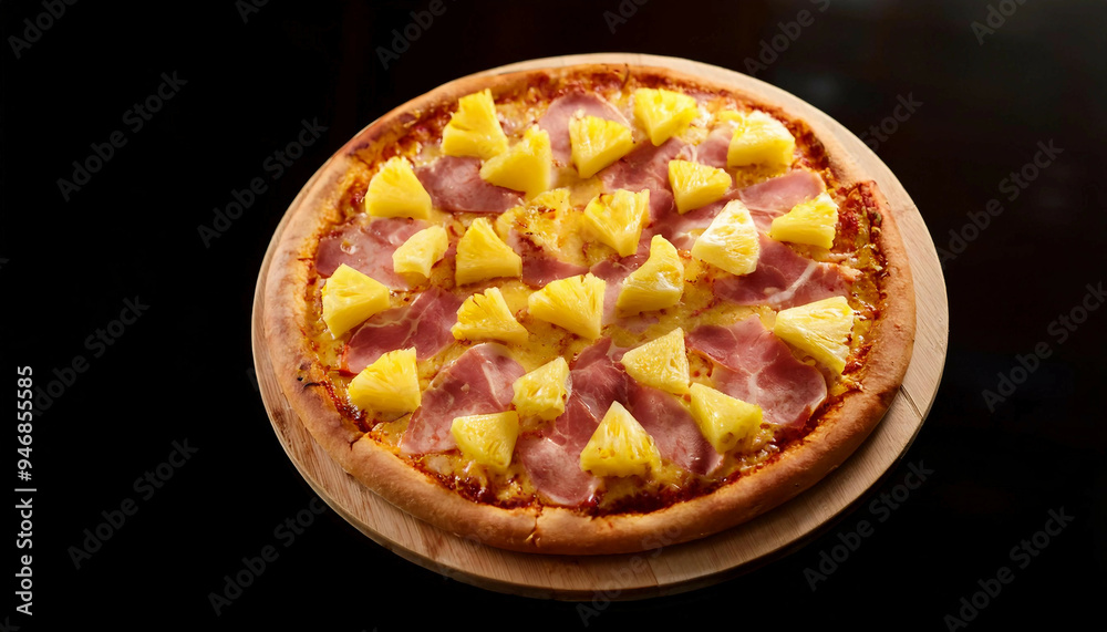 A Hawaiian pizza with pineapple chunks and ham slices, baked on a golden crust, served on a wooden board, captured from above in a close-up view. Isolated on a dark background A Hawaiian pizza with pineapple chunks and ham slices, baked on a golden crust, served on a wooden board, captured from above in a close-up view. Isolated on a dark background