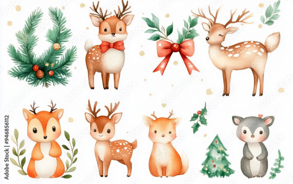 Obraz premium Set of Christmas watercolor elements on white background