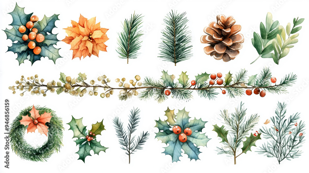 Set of Christmas watercolor elements on white background Set of Christmas watercolor elements on white background