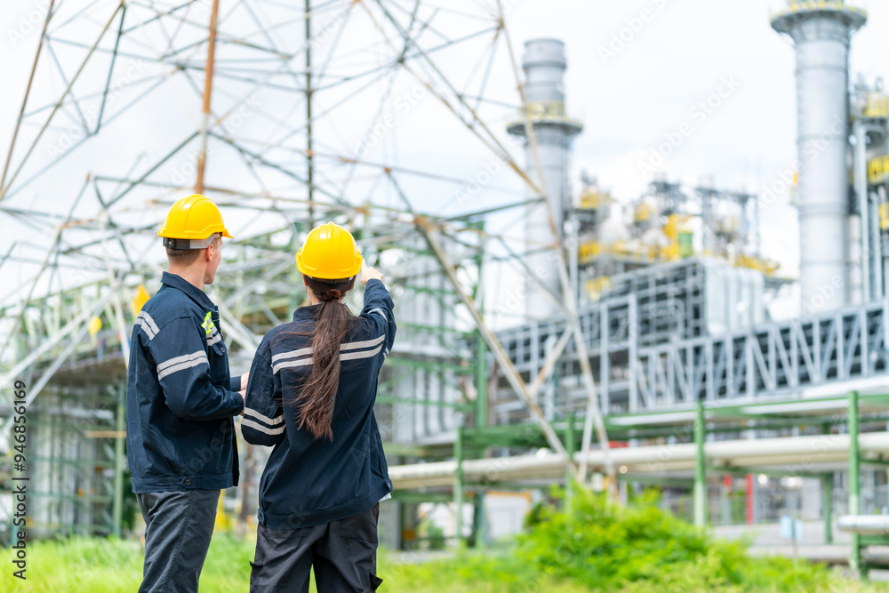 Man and woman petrochemical engineer teamwork meeting discussion at petroleum oil refinery industry area. Industrial factory technician worker working maintenance manufacturing energy power gas system Man and woman petrochemical engineer teamwork meeting discussion at petroleum oil refinery industry area. Industrial factory technician worker working maintenance manufacturing energy power gas system