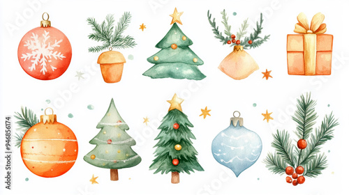 Set of Christmas watercolor elements on white background