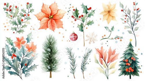 Set of Christmas watercolor elements on white background