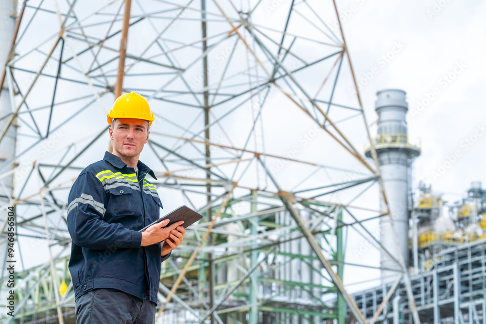Portrait of Professional male petrochemical engineers working at petroleum oil refinery industry area. Industrial technician worker maintenance inspect manufacturing factory energy power gas system. Portrait of Professional male petrochemical engineers working at petroleum oil refinery industry area. Industrial technician worker maintenance inspect manufacturing factory energy power gas system.