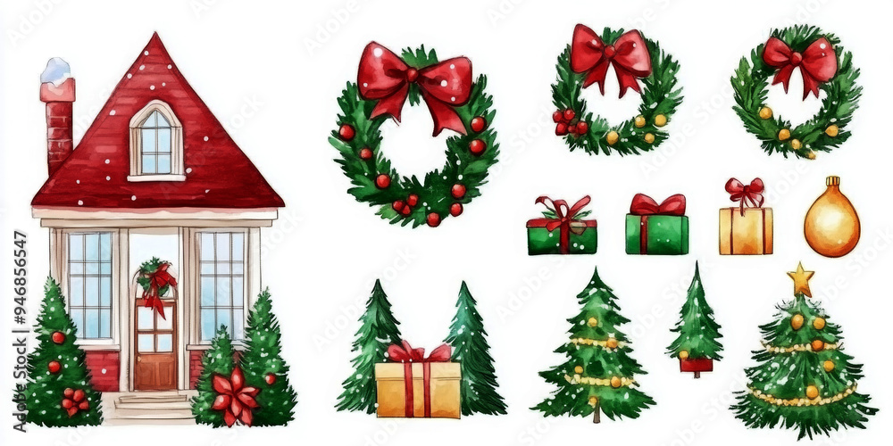Set of Christmas watercolor elements on white background Set of Christmas watercolor elements on white background
