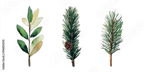 Set of Christmas watercolor elements on white background