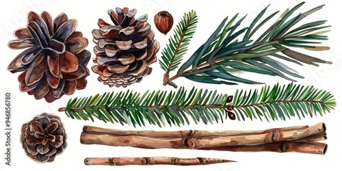 Set of Christmas watercolor elements on white background