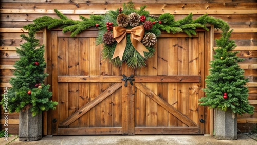 A rustic wooden garage door adorned with a delicate ribbon-wrapped seasonal holiday bow, accented with lush greenery and pinecones, adds a touch of festive charm. photo