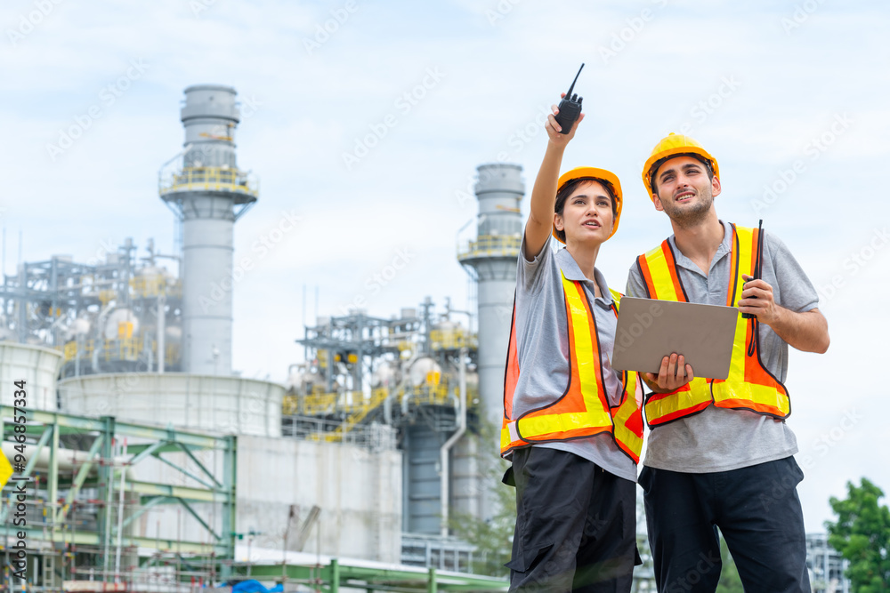 custom made wallpaper toronto digitalMan and woman petrochemical engineer teamwork meeting discussion at petroleum oil refinery industry area. Industrial factory technician worker working maintenance manufacturing energy power gas system
