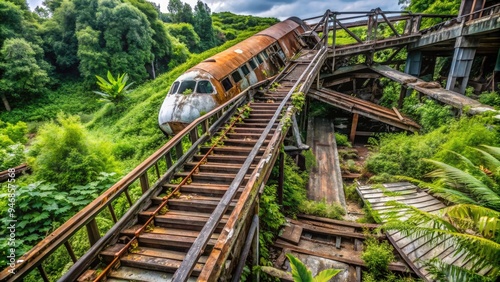 A rusty, worn-incline plane with wooden slats and metal frames stands idle, surrounded by lush greenery, conveying a sense of industrial abandonment and decay. photo