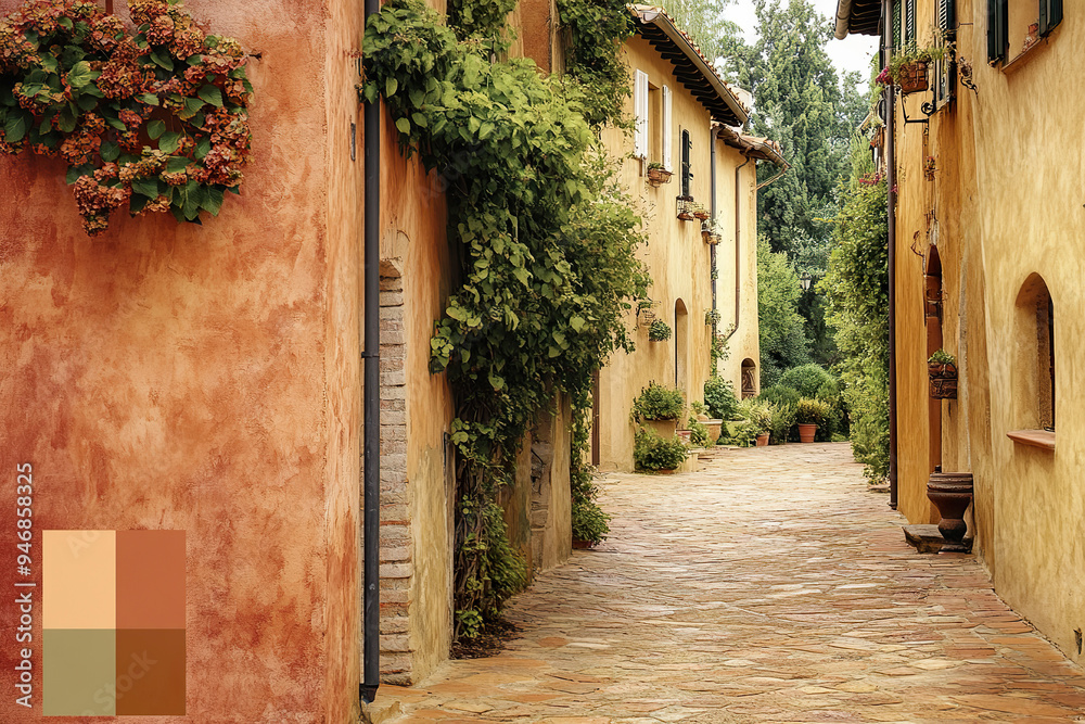 Obraz premium color palette of Charming Tuscan alley with warm colors and blooming greenery, sunny day