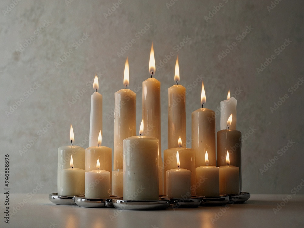 Serene Candlelight Cluster: A Harmonious Display of Tall and Short Ivory Candles in Modern Metallic Holders Creating a Peaceful Ambiance Serene Candlelight Cluster: A Harmonious Display of Tall and Short Ivory Candles in Modern Metallic Holders Creating a Peaceful Ambiance